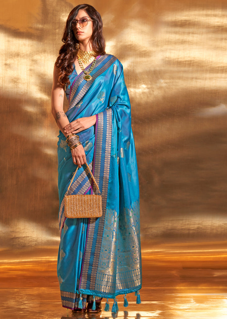 Blue Elegant Satin Silk Saree – Luxurious Drape for Every Occasion ClothsVilla