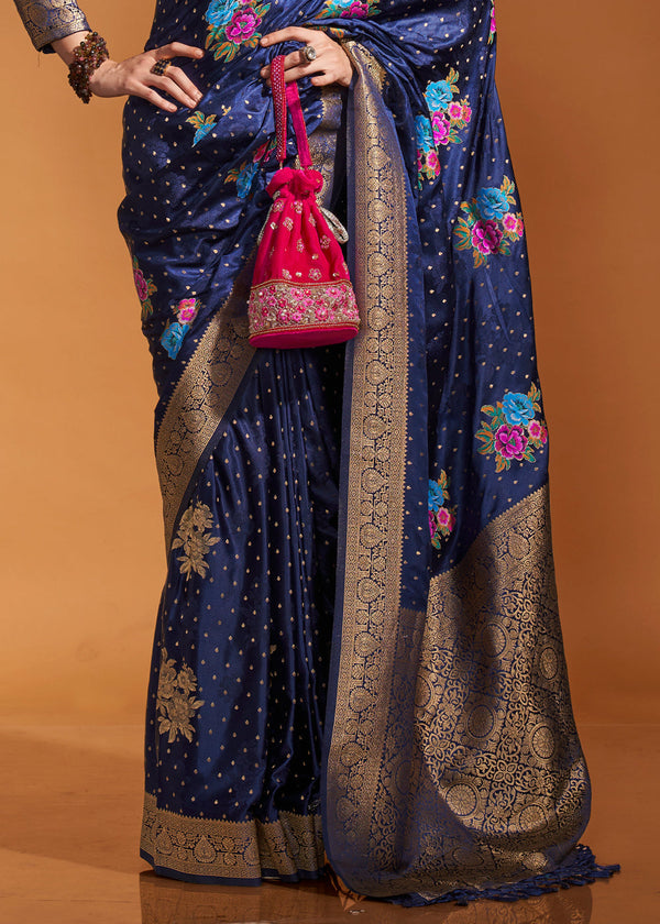 Blue Elegant Satin Traditional Saree with Zari & Thread Work ClothsVilla