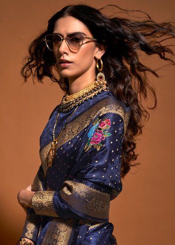 Blue Elegant Satin Traditional Saree with Zari & Thread Work ClothsVilla