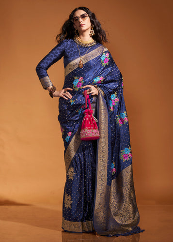 Blue Elegant Satin Traditional Saree with Zari & Thread Work ClothsVilla