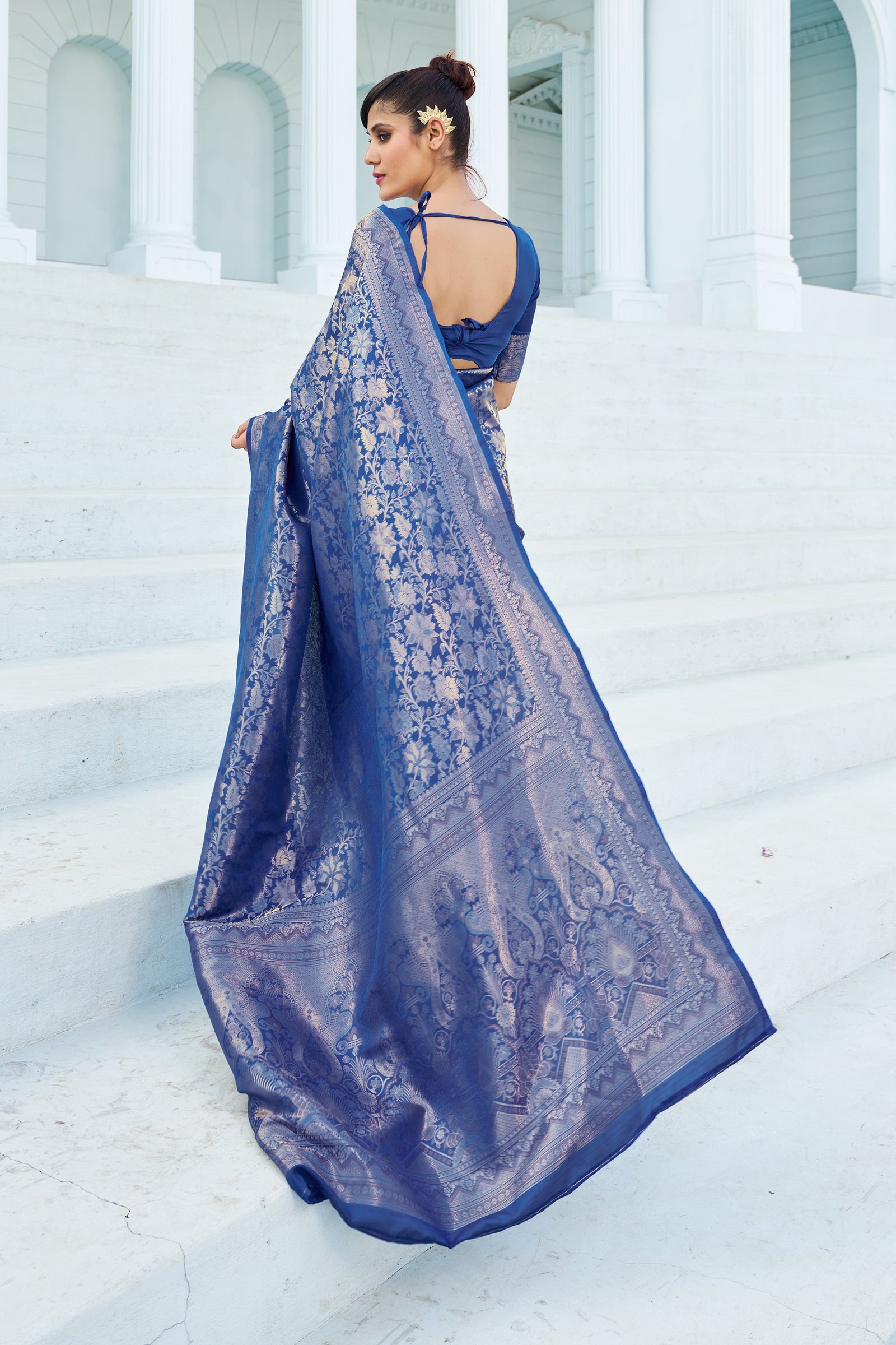 Blue Elegant Silk Patola Printed Saree with Unstitched Blouse Piece ClothsVilla