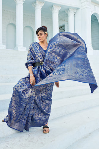 Blue Elegant Silk Patola Printed Saree with Unstitched Blouse Piece ClothsVilla