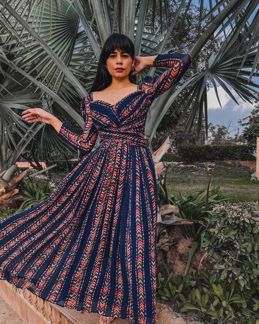 Blue Elegant Simplicity Digital Print Georgette Gown with Crush Pattern ClothsVilla