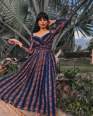 Blue Elegant Simplicity Digital Print Georgette Gown with Crush Pattern ClothsVilla