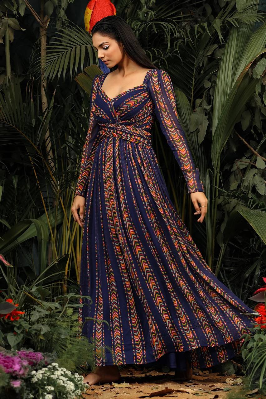 Blue Elegant Simplicity Digital Print Georgette Gown with Crush Pattern ClothsVilla