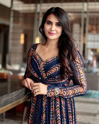Blue Elegant Simplicity Digital Print Georgette Gown with Crush Pattern ClothsVilla