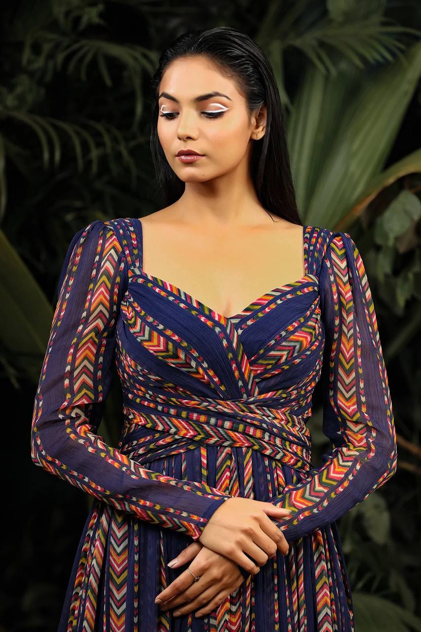 Blue Elegant Simplicity Digital Print Georgette Gown with Crush Pattern ClothsVilla