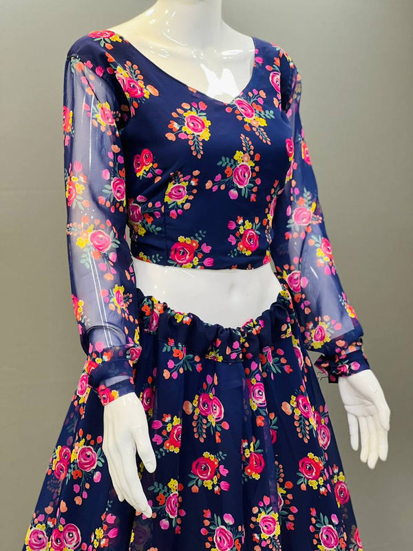 Blue Elegant Soft Georgette Silk Printed Lehenga Set with Lace Border Dupatta Clothsvilla