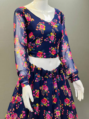 Blue Elegant Soft Georgette Silk Printed Lehenga Set with Lace Border Dupatta Clothsvilla