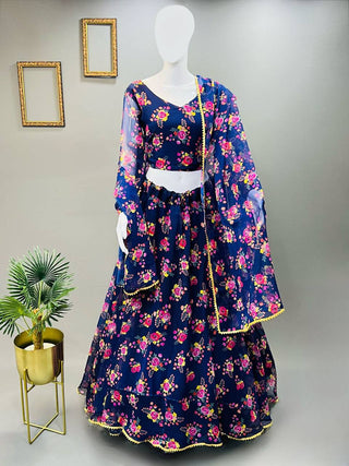 Blue Elegant Soft Georgette Silk Printed Lehenga Set with Lace Border Dupatta Clothsvilla