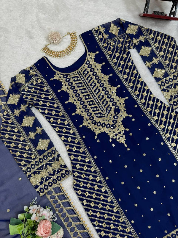 Blue Elegant Thread & Sequin Embroidered Georgette Suit Set ClothsVilla