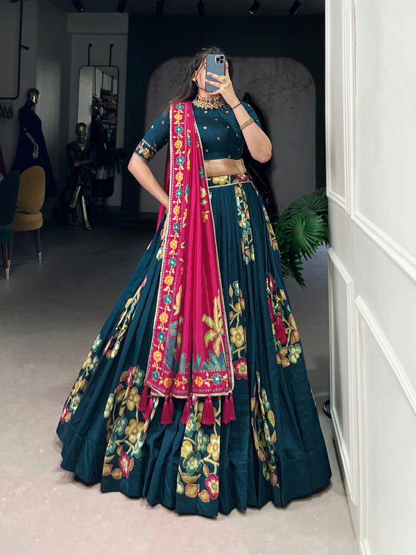 Blue Elegant Tussar Silk Printed Lehenga Set with Foil Work & Gotta Patti Dupatta ClothsVilla