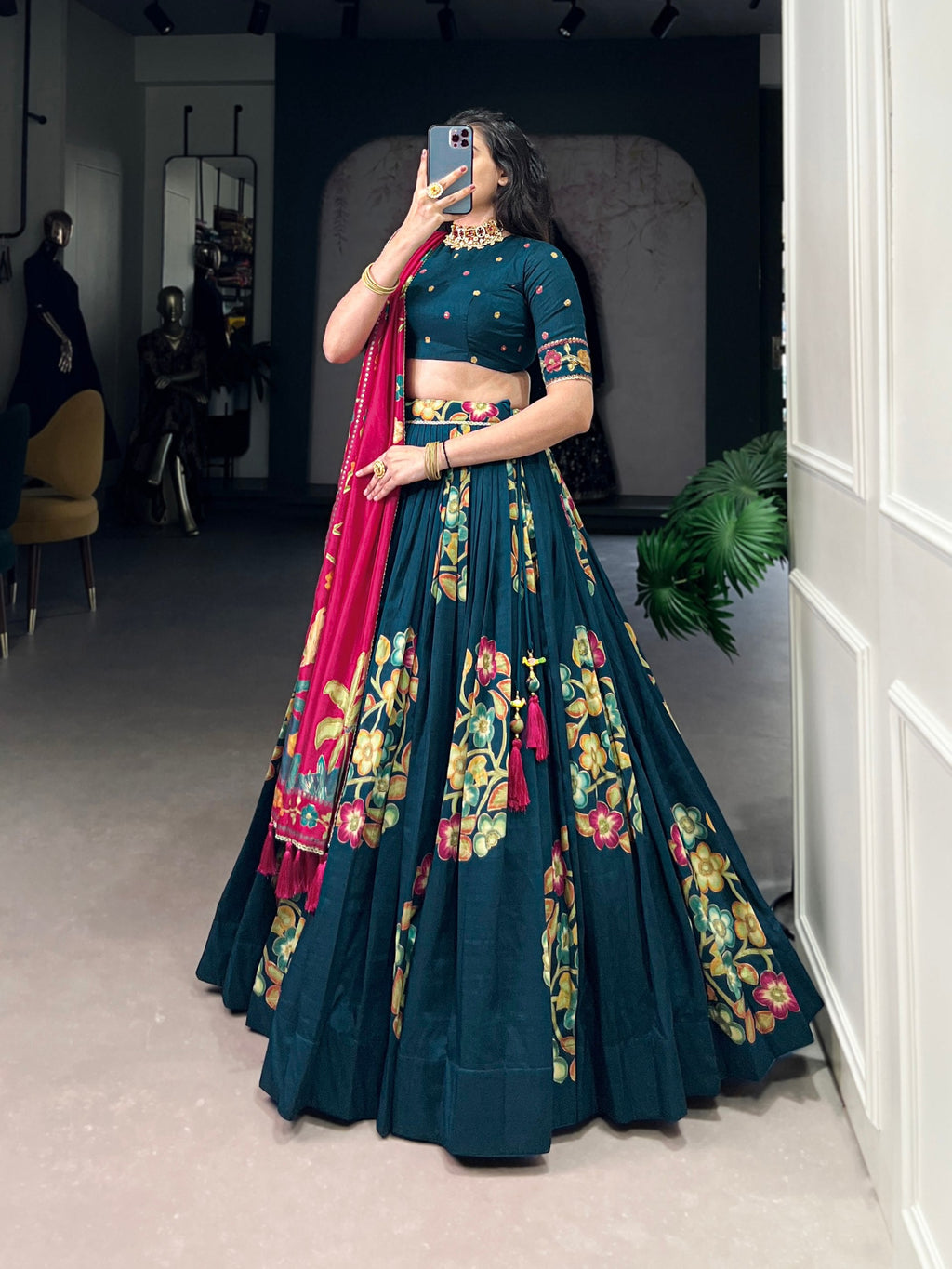 Blue Elegant Tussar Silk Printed Lehenga Set with Foil Work & Gotta Patti Dupatta ClothsVilla