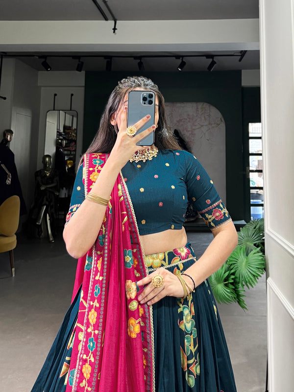 Blue Elegant Tussar Silk Printed Lehenga Set with Foil Work & Gotta Patti Dupatta ClothsVilla
