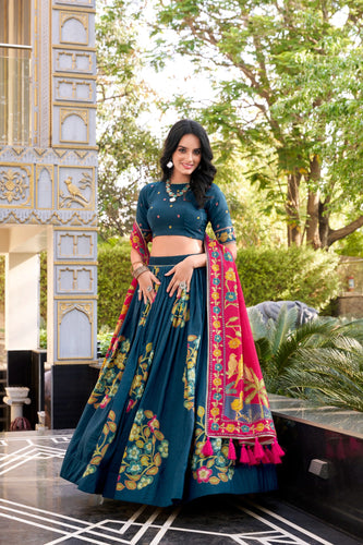 Blue Elegant Tussar Silk Printed Lehenga Set with Foil Work & Gotta Patti Dupatta ClothsVilla