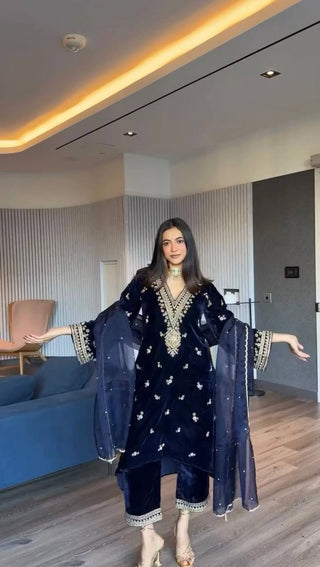 Blue Elegant Velvet Embroidered Suit Set ClothsVilla