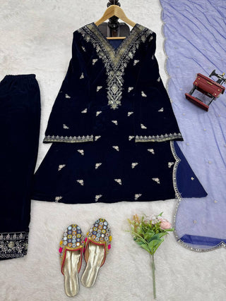 Blue Elegant Velvet Embroidered Suit Set ClothsVilla