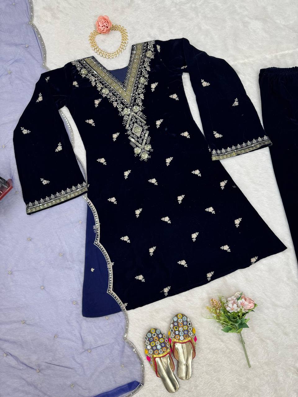 Blue Elegant Velvet Embroidered Suit Set ClothsVilla