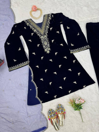 Blue Elegant Velvet Embroidered Suit Set ClothsVilla