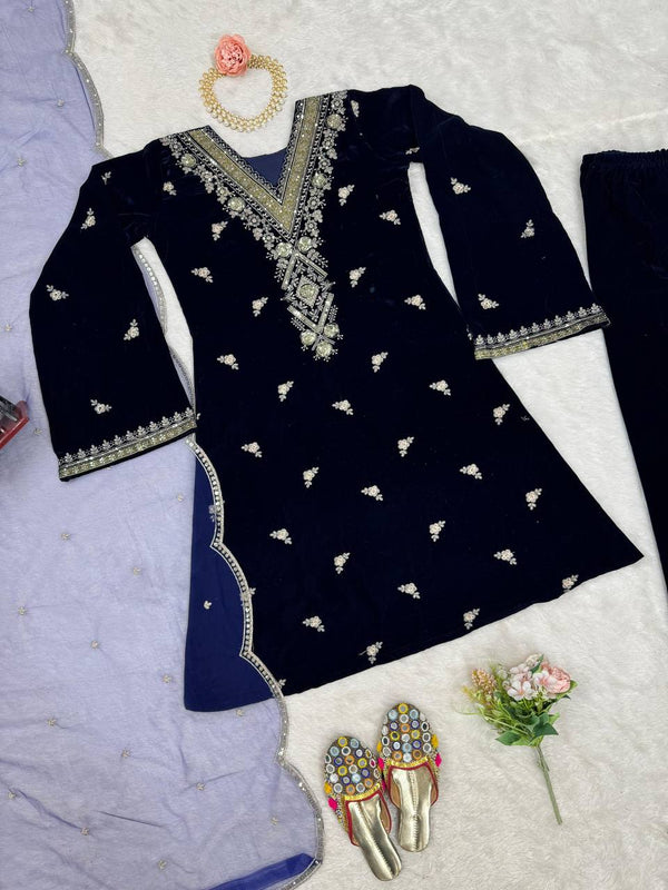 Blue Elegant Velvet Embroidered Suit Set ClothsVilla