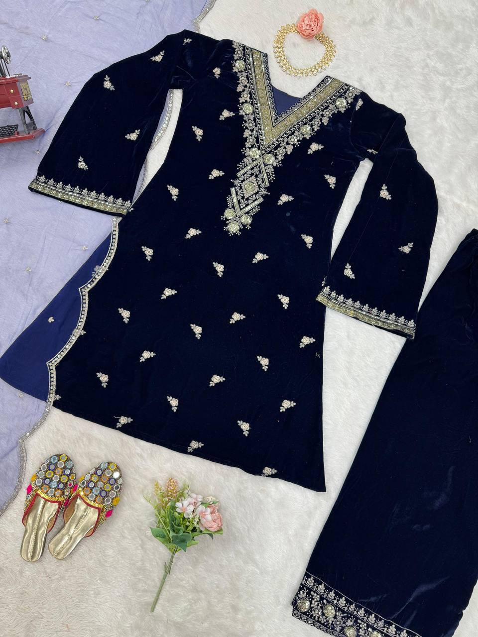 Blue Elegant Velvet Embroidered Suit Set ClothsVilla