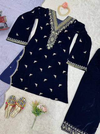 Blue Elegant Velvet Embroidered Suit Set ClothsVilla