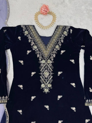 Blue Elegant Velvet Embroidered Suit Set ClothsVilla