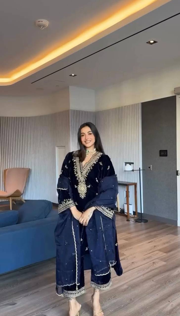 Blue Elegant Velvet Embroidered Suit Set ClothsVilla