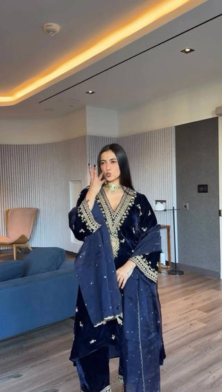 Blue Elegant Velvet Embroidered Suit Set ClothsVilla