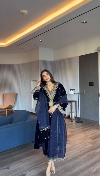 Blue Elegant Velvet Embroidered Suit Set ClothsVilla