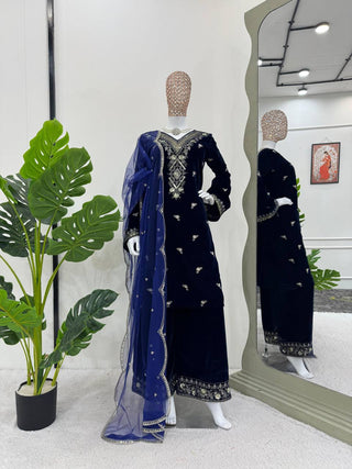 Blue Elegant Velvet Embroidered Suit Set ClothsVilla