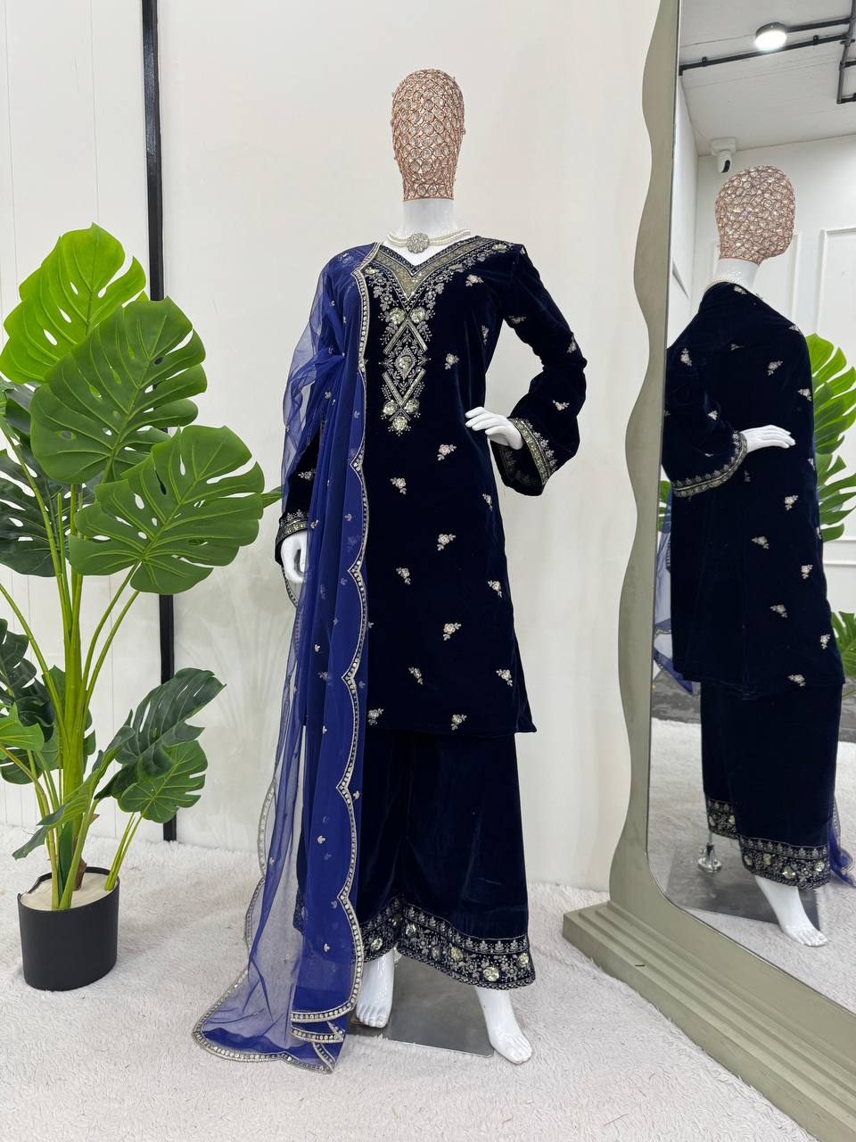 Blue Elegant Velvet Embroidered Suit Set ClothsVilla