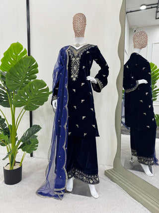 Blue Elegant Velvet Embroidered Suit Set ClothsVilla