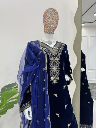 Blue Elegant Velvet Embroidered Suit Set ClothsVilla