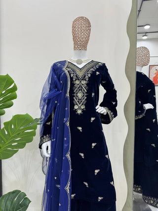 Blue Elegant Velvet Embroidered Suit Set ClothsVilla