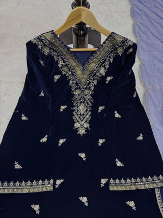 Blue Elegant Velvet Embroidered Suit Set ClothsVilla