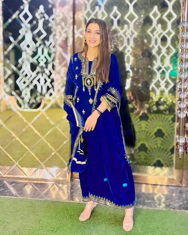 Blue Elegant Velvet Ensemble – Luxe Thread & Sequin Work ClothsVilla