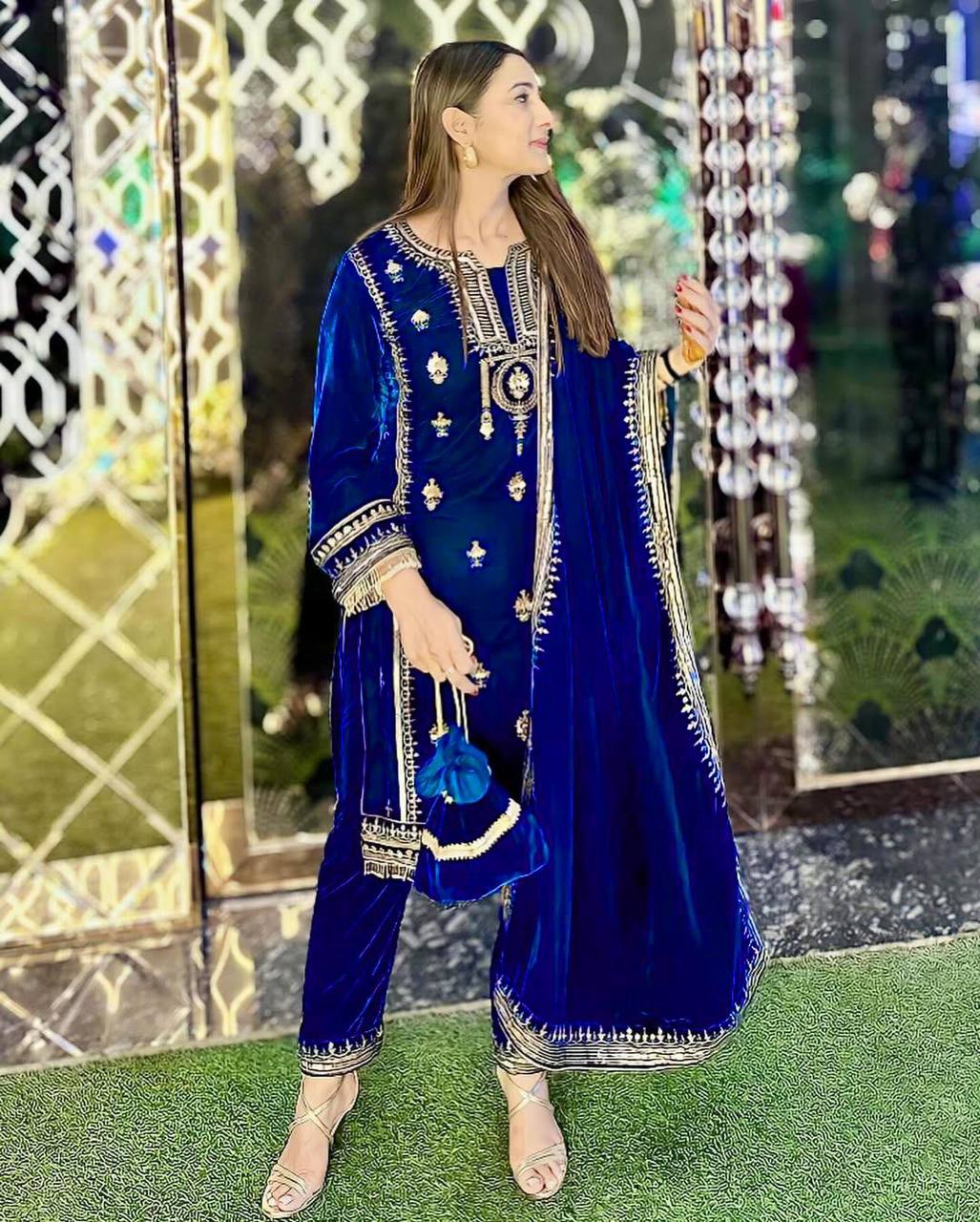 Blue Elegant Velvet Ensemble – Luxe Thread & Sequin Work ClothsVilla
