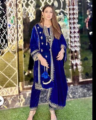 Blue Elegant Velvet Ensemble – Luxe Thread & Sequin Work ClothsVilla