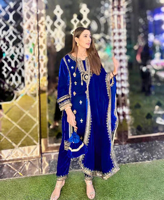 Blue Elegant Velvet Ensemble – Luxe Thread & Sequin Work ClothsVilla