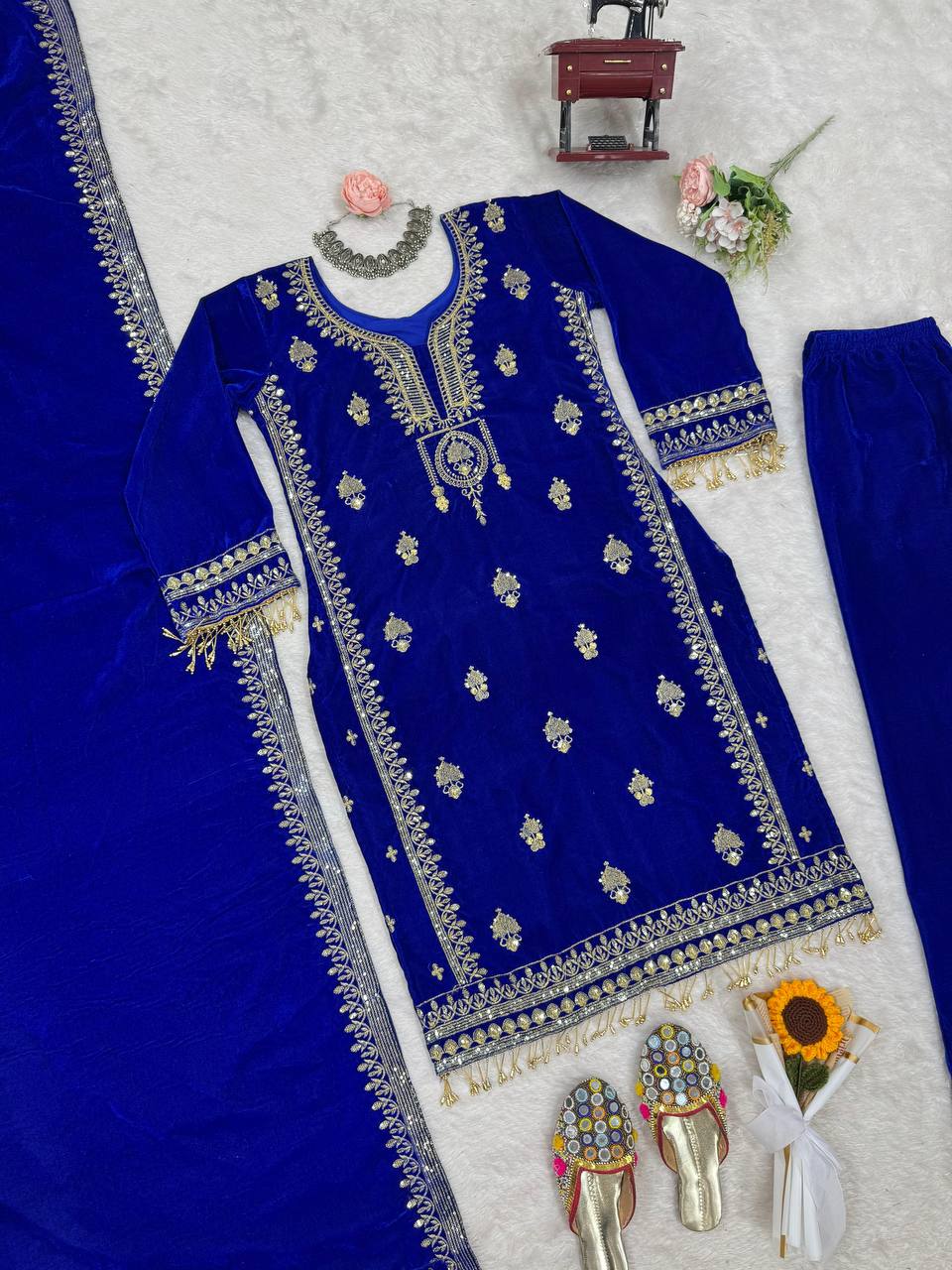 Blue Elegant Velvet Ensemble – Luxe Thread & Sequin Work ClothsVilla
