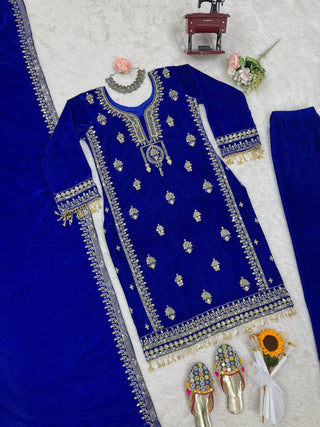 Blue Elegant Velvet Ensemble – Luxe Thread & Sequin Work ClothsVilla