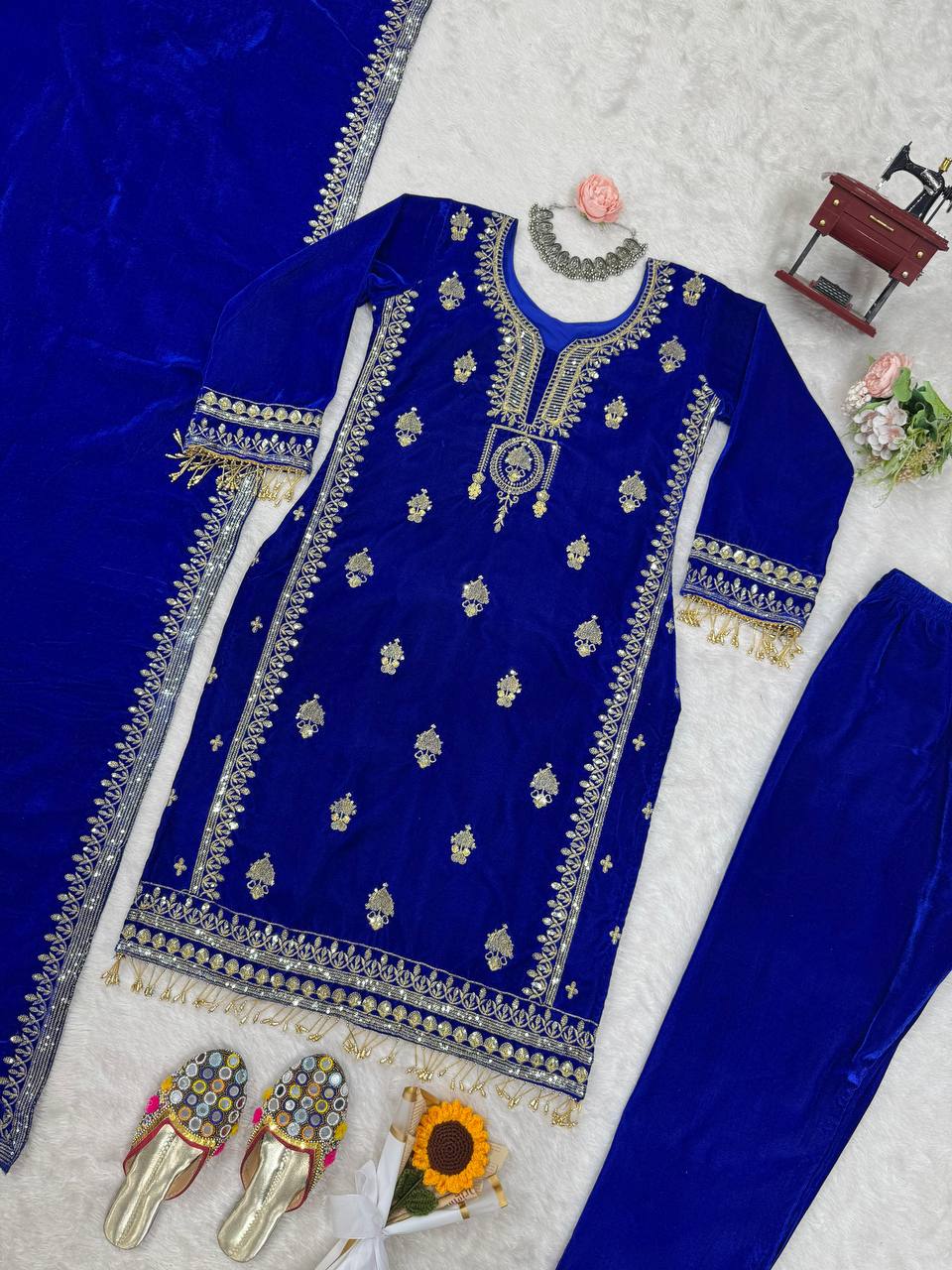 Blue Elegant Velvet Ensemble – Luxe Thread & Sequin Work ClothsVilla