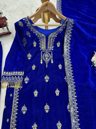 Blue Elegant Velvet Ensemble – Luxe Thread & Sequin Work ClothsVilla