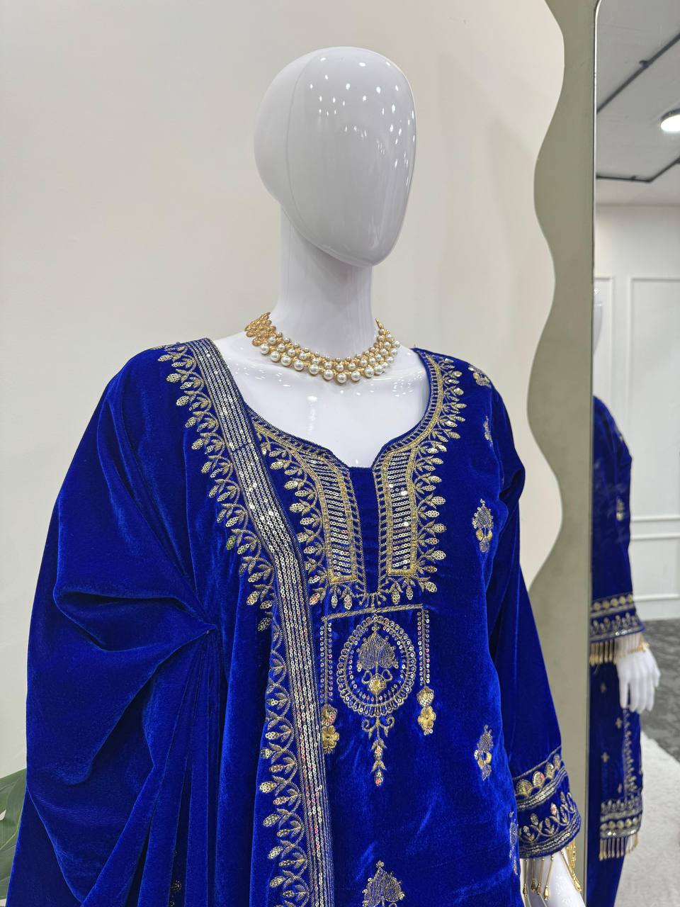 Blue Elegant Velvet Ensemble – Luxe Thread & Sequin Work ClothsVilla