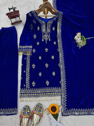 Blue Elegant Velvet Ensemble – Luxe Thread & Sequin Work ClothsVilla
