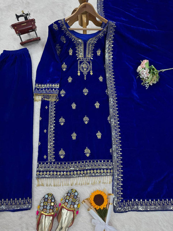 Blue Elegant Velvet Ensemble – Luxe Thread & Sequin Work ClothsVilla