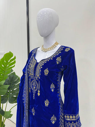 Blue Elegant Velvet Ensemble – Luxe Thread & Sequin Work ClothsVilla