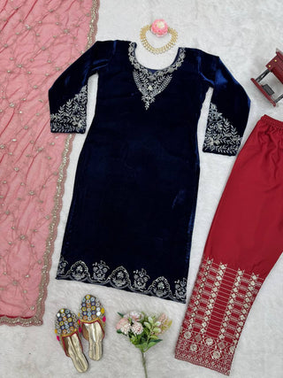Blue Elegant Velvet Threadwork Suit Set ClothsVilla