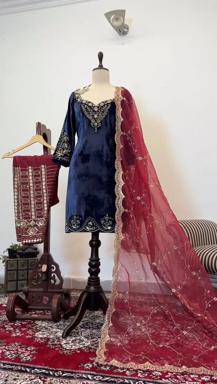 Blue Elegant Velvet Threadwork Suit Set ClothsVilla